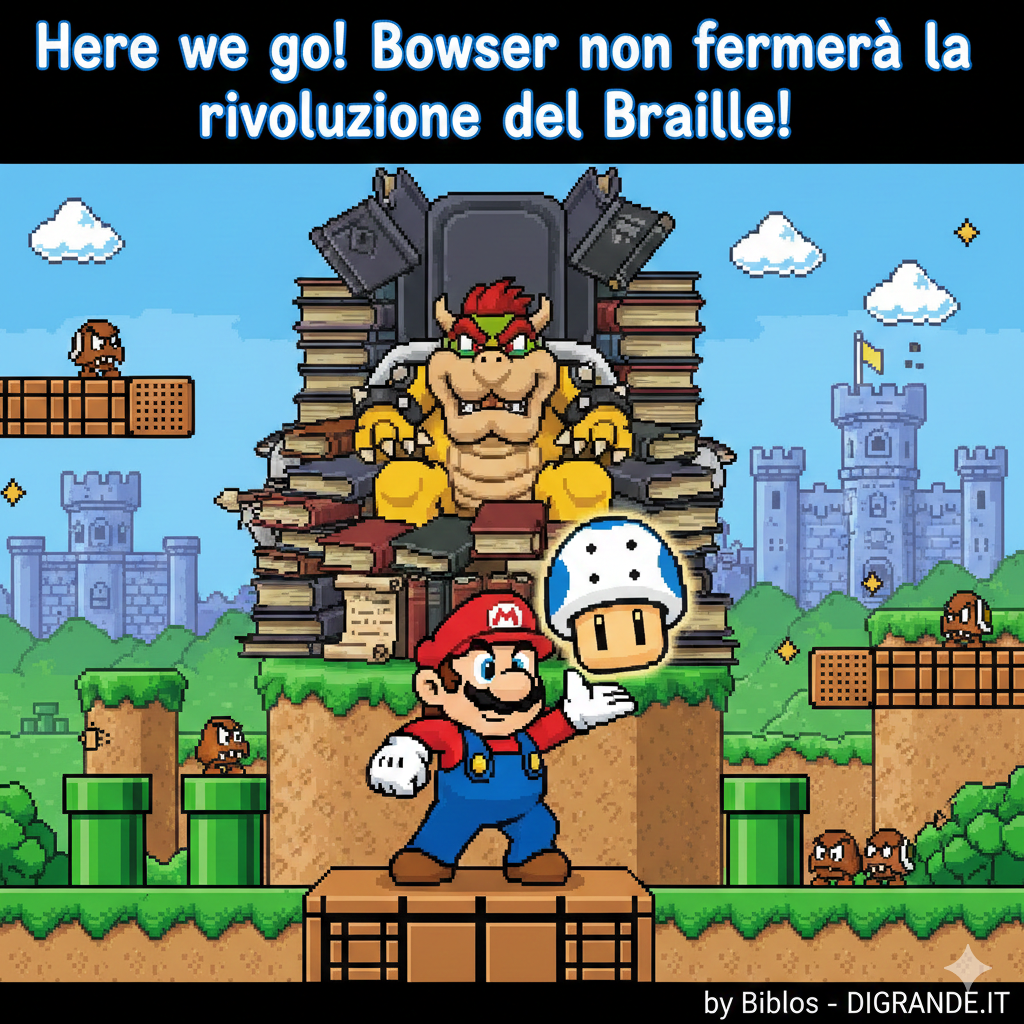 &nbsp;Meme con Mario Bros che lancia un power-up braille verso Bowser