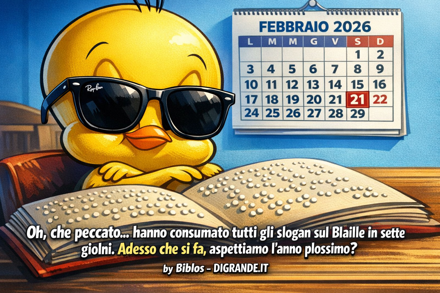 &nbsp;Titti con ray-ban e ali conserte su un libro in Braille